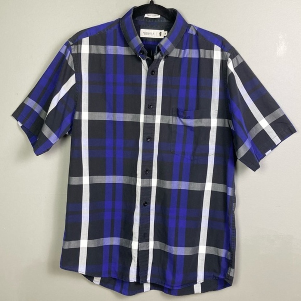 Pringle of Scotland shirt men's medium button down tartan plaid short‎ sleeve